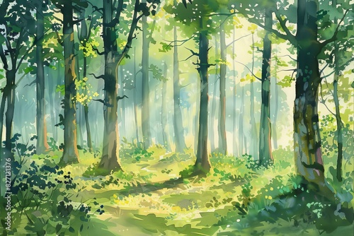 A serene forest scene with tall trees and dappled sunlight, vibrant greens and soft shadows, perfect for a naturethemed backdrop photo