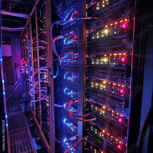 A server room with rows of glowing servers and cables, representing the backbone of internet technology. © Pornarun