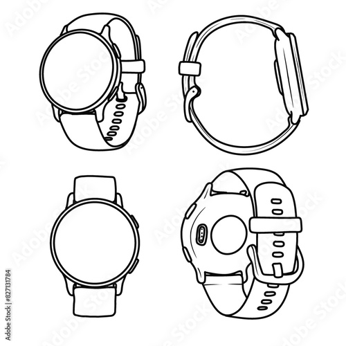 Vector illustration of women smartwatch round display hand drawn sketch line art, front, side, rear, and isometric view, isolated on white background, For kids coloring book or science illustration.