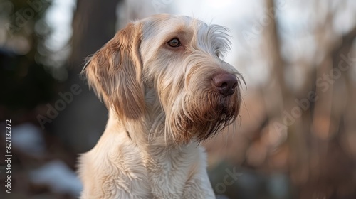  A tight shot of a dog's face with snowy ground behind and trees in the distant background The backdrop is softly blurred