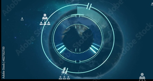 Image of people icons and scope with data processing over blue background