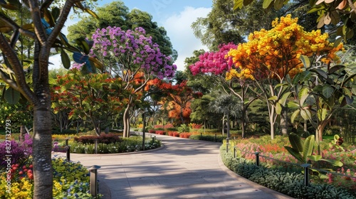 Details of the botanical area featuring the front view of trees adorned with vibrant flowers © TheWaterMeloonProjec