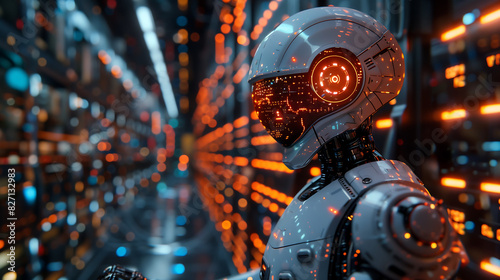  robot in a futuristic dark space, in the style of cyberpunk with orange and white lights background data center with holograms on a cyber security digital wall
