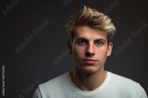 Close up of man with blond hair against gray background Close up of man with blond hair against gray background horizontal shot