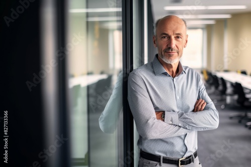 Confident mid aged businessman standing at the wall in a modern office and looking at camera Middle-aged businessman standing in the office, leaning against the wall. Professional man wearing shirt 
