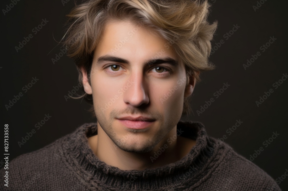 Face of man with blond hair against gray background Face of man with blond hair against gray background vertical shot