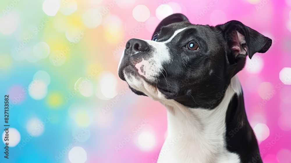 A black and white dog, closely framed, against a vibrant pink and blue backdrop The scene is softly lit by a hazy, blurred source of light emanating from A black and white dog, closely framed, against a vibrant pink and blue backdrop The scene is softly lit by a hazy, blurred source of light emanating from