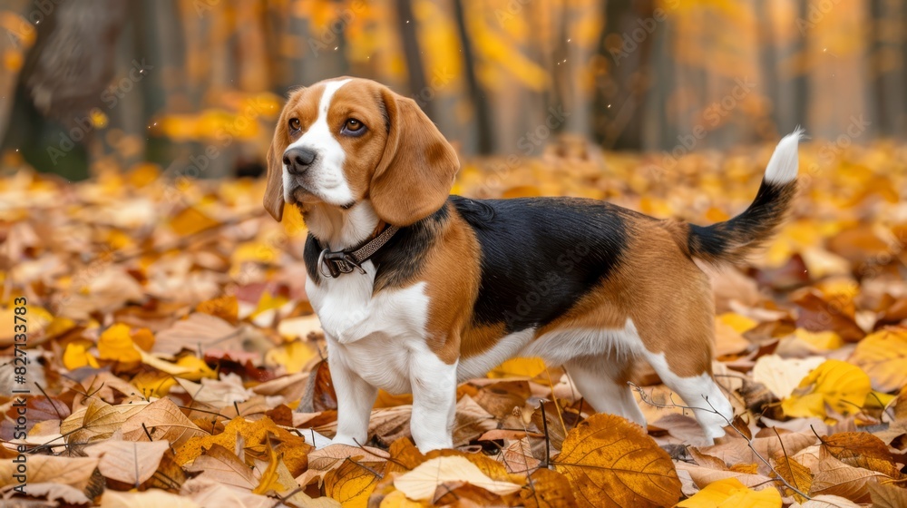  A brown-and-white dog stands atop a mound of yellow and brown leaves, bordering a forest filled with grass and abundant yellow and brown leaf coverage