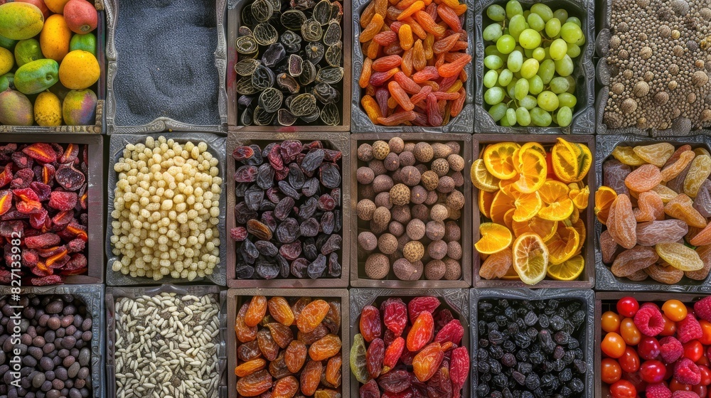 Vibrant assortment of dried fruits in traditional Persian style Vibrant assortment of dried fruits in traditional Persian style