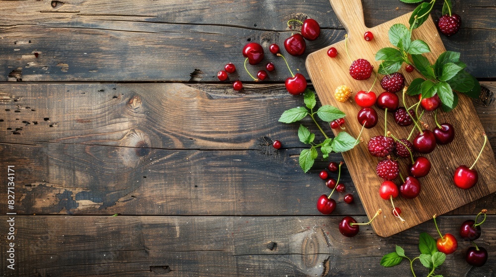 Top view of a wooden kitchen table with a cutting board holding freshly picked cherries and berries