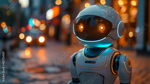 cute robot with glowing eyes stands on the street of an evening city photo