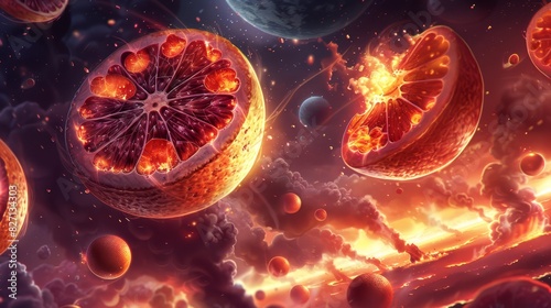  A group of oranges suspended in mid-air One orange at the top emits copious amounts of fire, while the bottom image shows flames