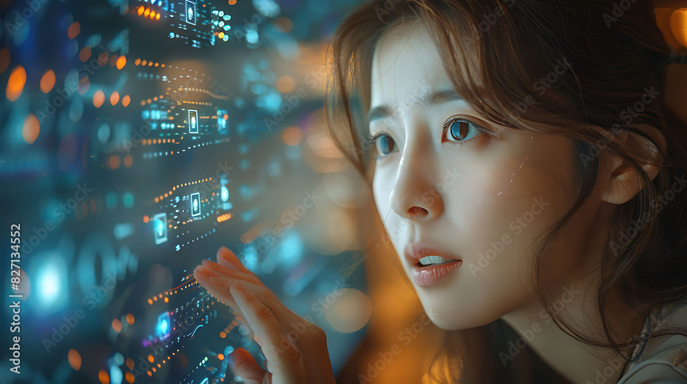 Korean businesswoman and a businessman sitting worriedly in a tech company's office analyzing data on a large interactive screen casually dressed Korean businesswoman and a businessman sitting worriedly in a tech company's office analyzing data on a large interactive screen casually dressed