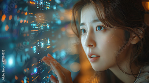 Korean businesswoman and a businessman sitting worriedly in a tech company's office analyzing data on a large interactive screen casually dressed