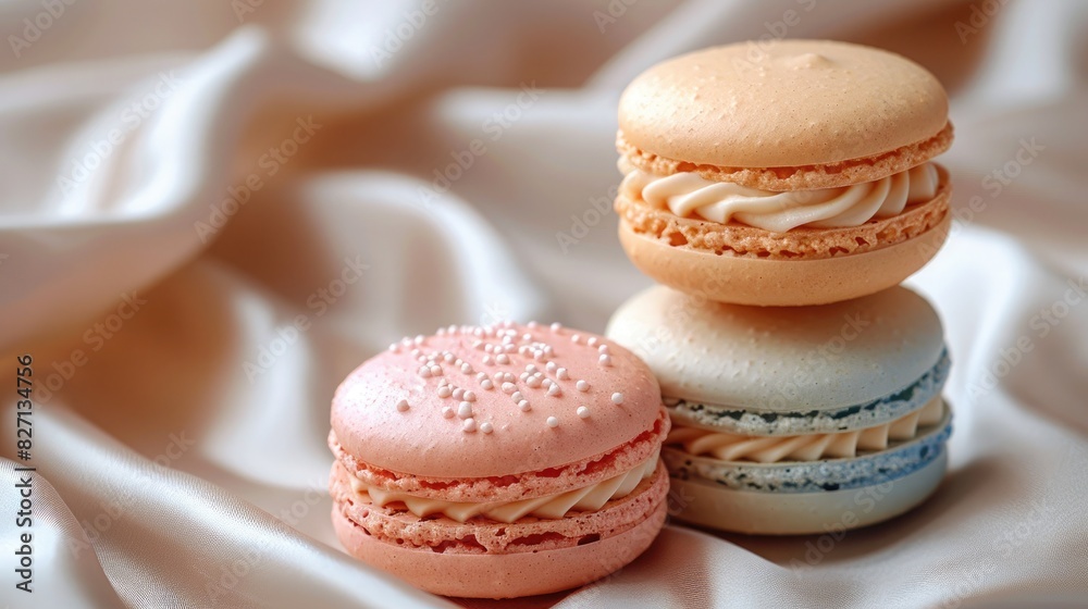 A colorful macaron tower with pastel shades on a luxurious white silk background