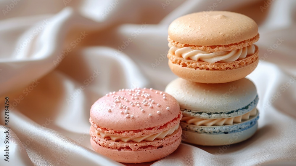 A colorful macaron tower with pastel shades on a luxurious white silk background A colorful macaron tower with pastel shades on a luxurious white silk background