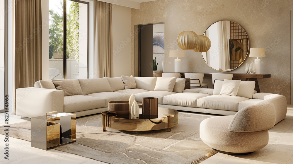 a minimalist Mid-Century Modern living room with beige walls and champagne-colored metallic accents a minimalist Mid-Century Modern living room with beige walls and champagne-colored metallic accents