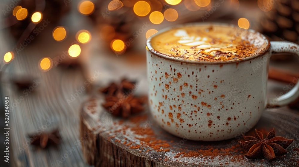 A cup of artisanal coffee with latte art on a rustic wooden table with fairy lights in the background
A cup of artisanal coffee with latte art on a rustic wooden table with fairy lights in the background