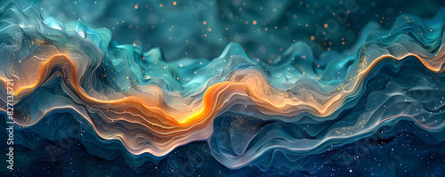 Aesthetic abstract nature organic blue lines wallpaper texture background, paper art, beach theme with ocean waves, aqua, teal and sand gold peacock colors. Universe web banner	