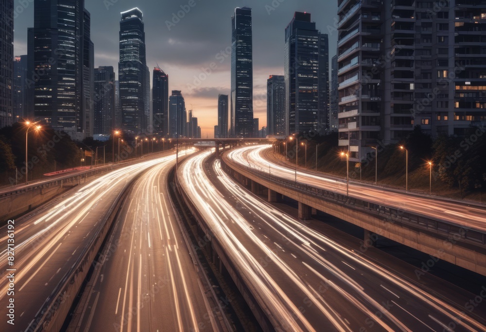 Light flow of traffic on a evening highway in a city with modern high buildings Light flow of traffic on a evening highway in a city with modern high buildings
