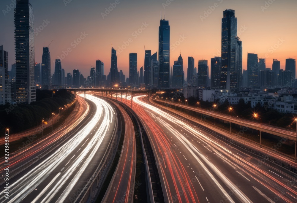 Fototapeta premium Light flow of traffic on a evening highway in a city with modern high buildings