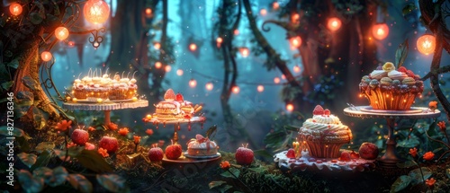 An enchanted forest scene with a magical, floating dessert table, luminescent pastries and cakes, photorealistic, soft glowing light, whimsical atmosphere, digital painting