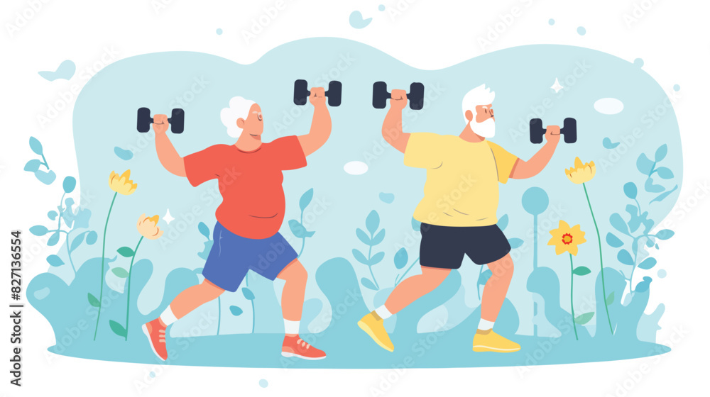 Old man and woman doing fitness exercises with dumbbe