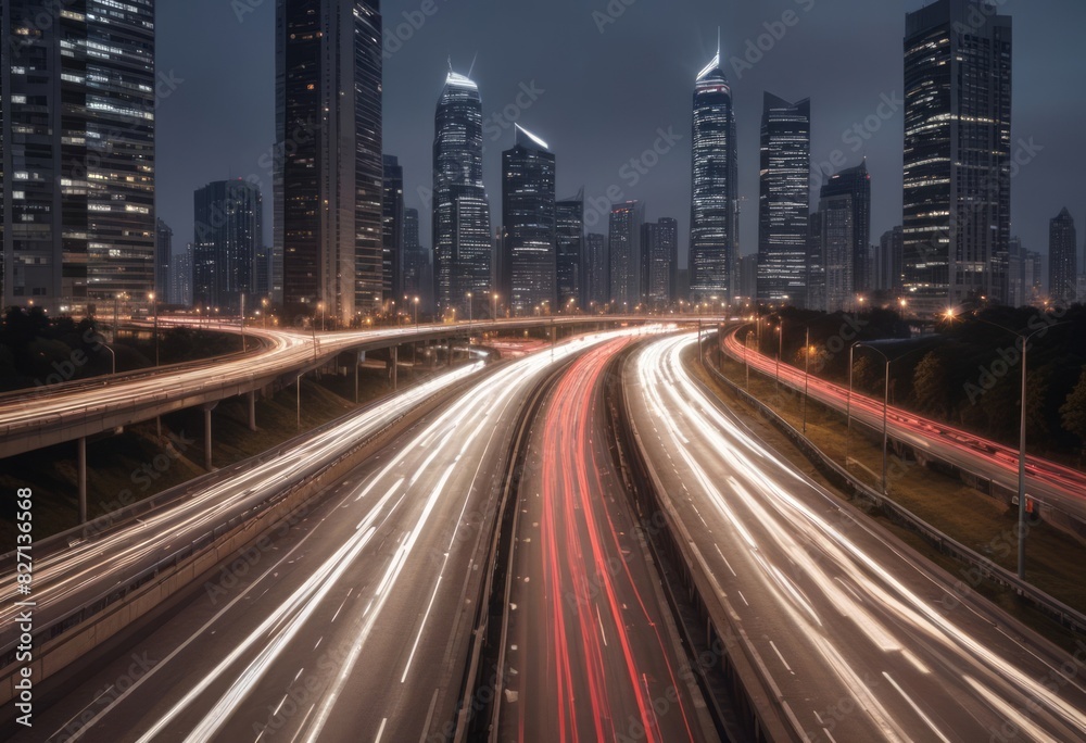 Fototapeta premium Light flow of traffic on a evening highway in a city with modern high buildings