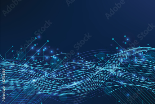Abstract wave with moving dots and lines. Flow of particles. Cyber technology illustration. 3d rendering