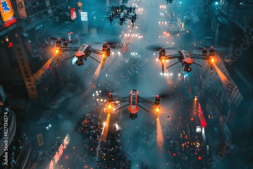 A dynamic scene from a drone racing tournament, filled with fast-paced action and a large crowd, styled for a cinematic magazine cover
