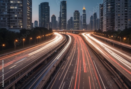 Light flow of traffic on a evening highway in a city with modern high buildings