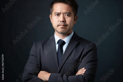 Handsome businessman against gray background Handsome mid adult businessman standing against gray background. Portrait of well-dressed male professional is with arms crossed. He is with confident look © alisaaa