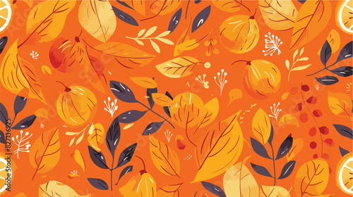 Orange autumn brunch and leaves seamless pattern 