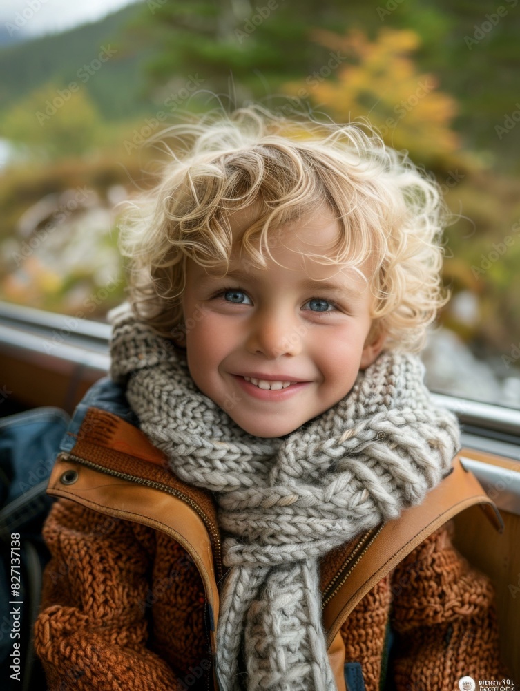 A young boy with curly blonde hair wearing a scarf and sweater. AI. A young boy with curly blonde hair wearing a scarf and sweater. AI.