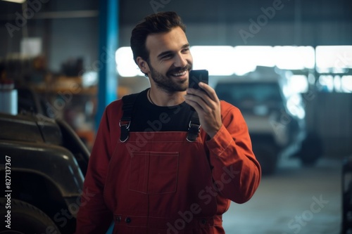 Happy auto mechanic talking on cell phone in a workshop. Young happy mechanic communicating over smart phone in auto repair shop