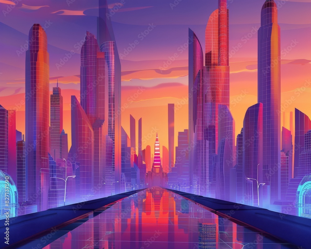 Art Deco cityscape with modern skyscrapers, blending styles, RetroFuturism, Digital art