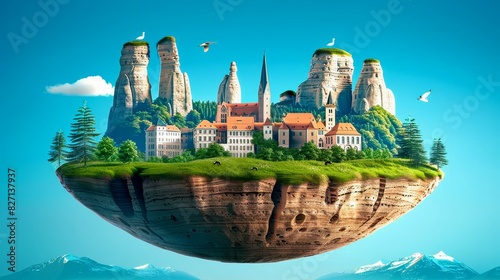  A floating island with a castle in a blue sky Birds fly above and beneath it