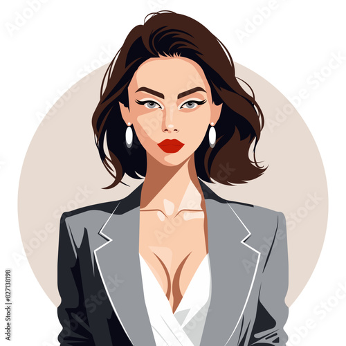 Vector flat fashion illustration of a successful young woman wearing a stylish classic jacket. Modern lady boss.
