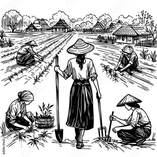 A drawing of a woman wearing a straw hat and a skirt working in a field. There are other women in the field as well