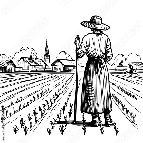 A woman is standing in a field with a pitchfork. The scene is peaceful and serene, with a sense of hard work and dedication to the land