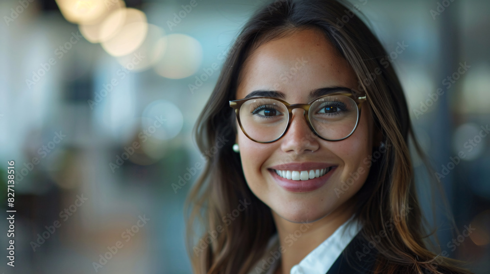 Happy female executive in a corporate environment, posing with a smile Happy female executive in a corporate environment, posing with a smile