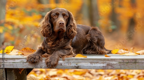  A sad-looking brown dog lies atop a wooden bench amidst a forest of yellow and orange leaves His expressive eyes fixately gaze into the camera