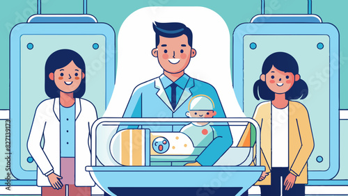 Newborn Baby in Hospital Incubator with Proud Parents and Doctor. Test tube babies reproduction