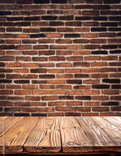 Wood table in front of rustic brick wall blur background with empty copy space on the table for product display mockup. Retro design montage presentation  low light