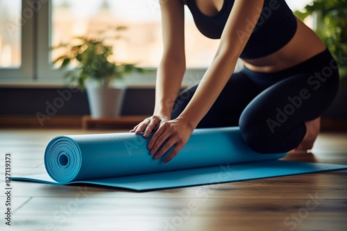 happy woman folding blue exercise mat on wooden floor