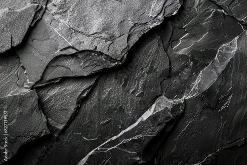 Black slate rock texture background, close up. Black stone surface with natural veins and cracks. Created with Ai photo