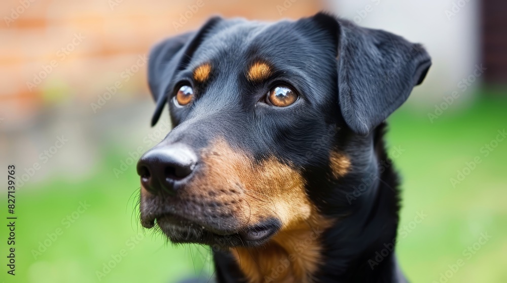 A tight shot of a black and brown dog's face Grass lies behind, and a brick building is in the background A tight shot of a black and brown dog's face Grass lies behind, and a brick building is in the background