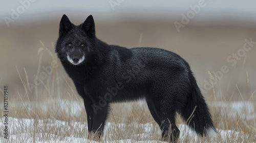  A black wolf stands in a snow-covered field, grass visible in the foreground It gazes directly at the camera The background is a blurred, atmospheric sky