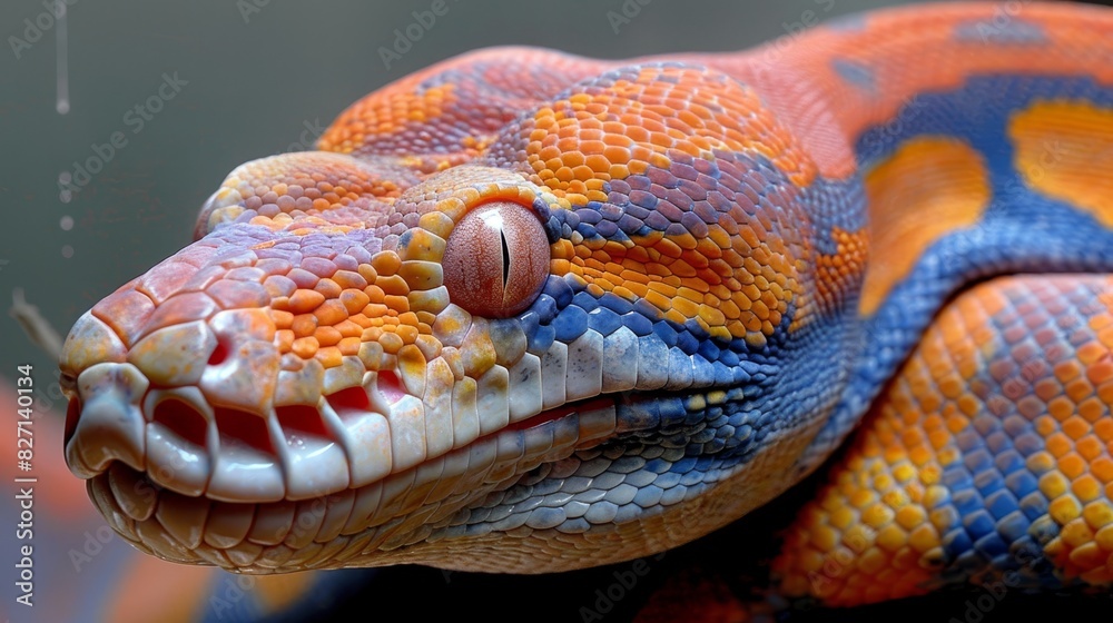 Fototapeta premium A tight shot of an orange-and-blue snake's head against a black backdrop Its body exhibits intricate patterns in red, yellow, and shades of blue