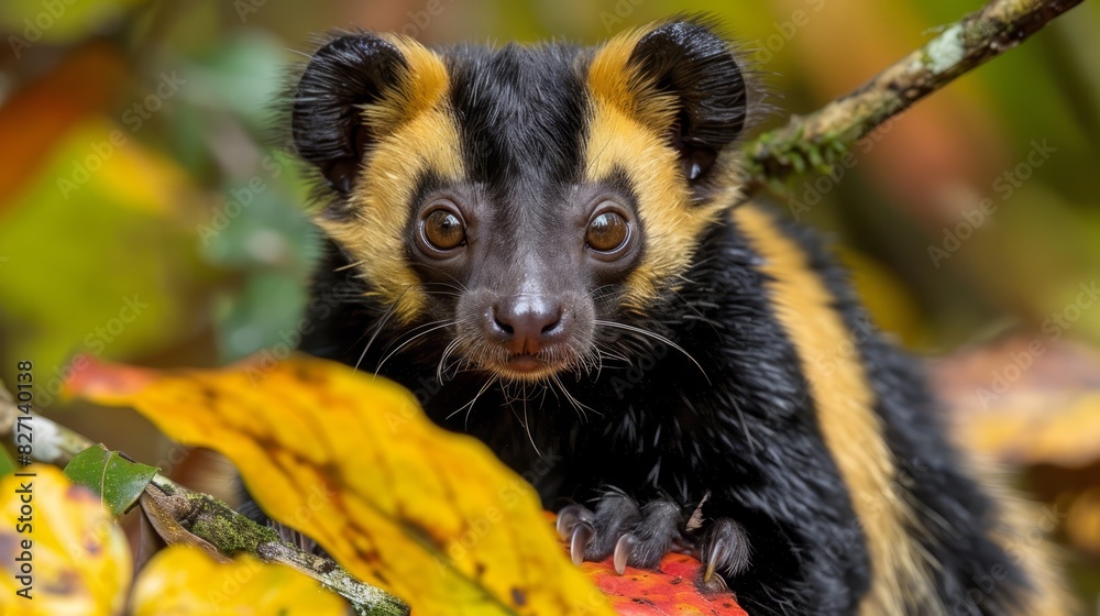 Obraz premium A tight shot of a small animal perched on a branch, surrounded by green, yellow, and red leaves in the foreground